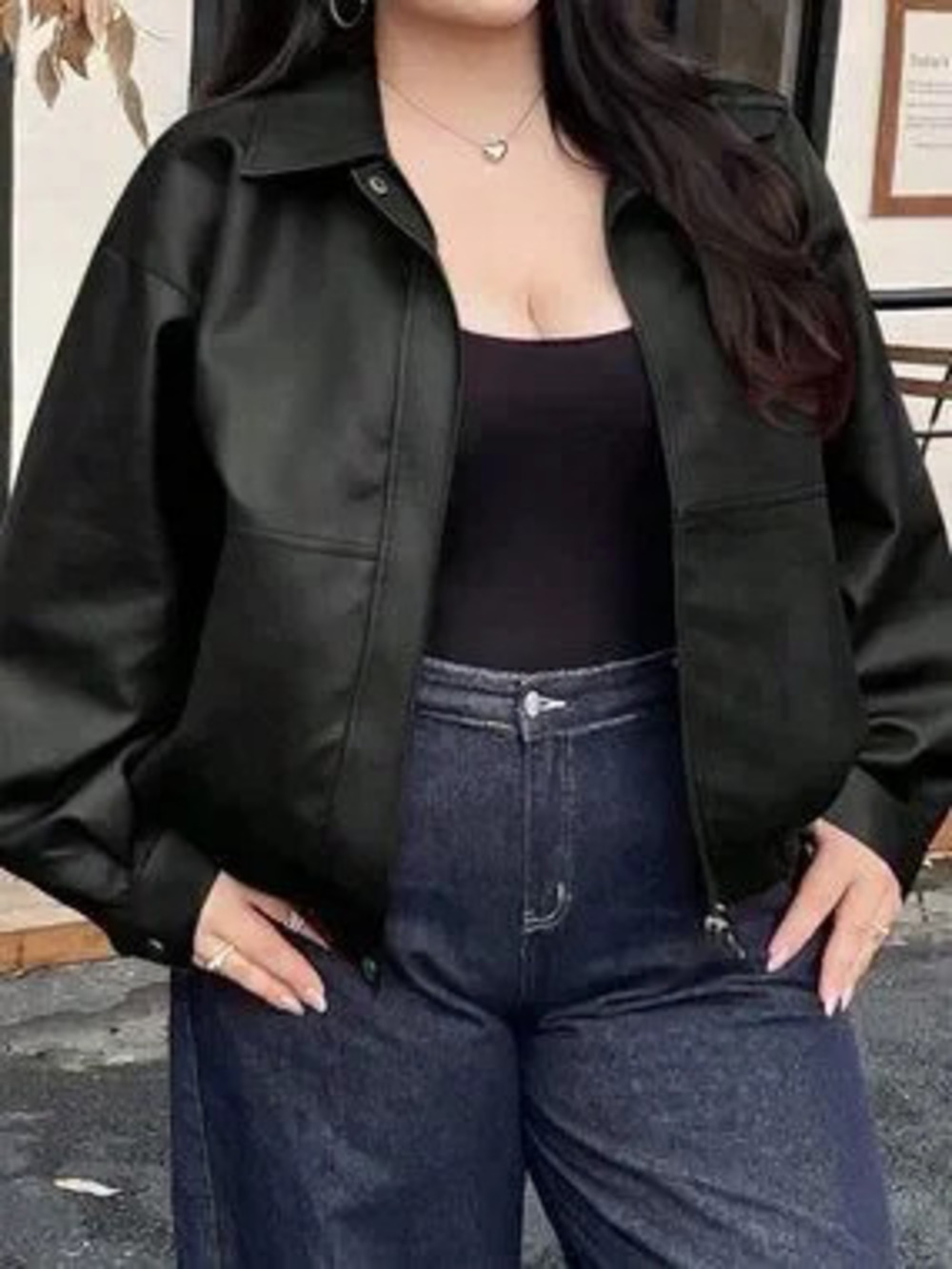 Black Casual Women's Lapel Loose Motorcycle Jacket